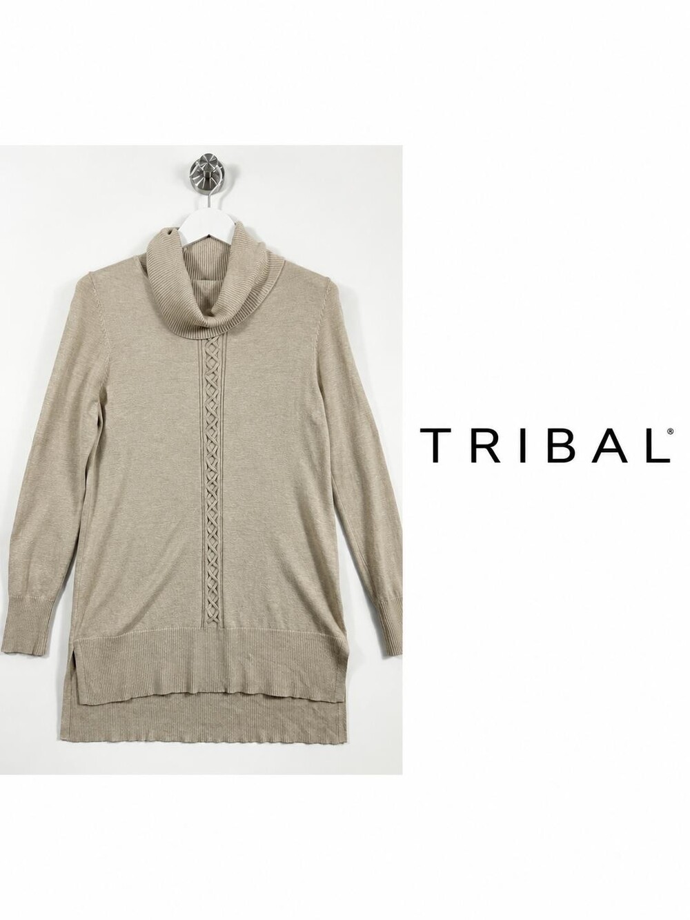 Tribal Cowl Neck Longline Sweater – Beige/Taupe – Size Small